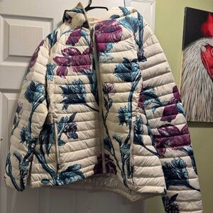 Columbia Cream Puffer Jacket with Blue and Purple Floral Design